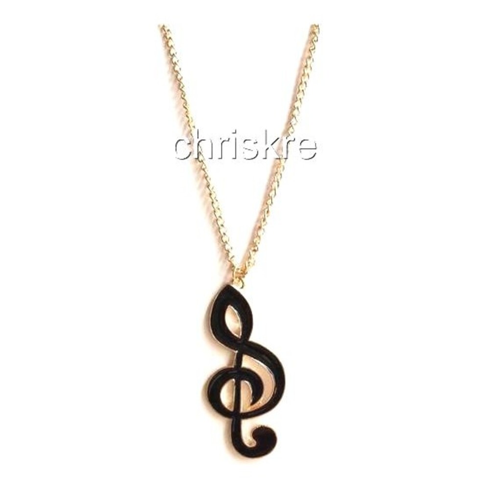 BIG Music Clef Note Pendant Necklace Gold Tone 30" Chain Hip Hop Musician Gift